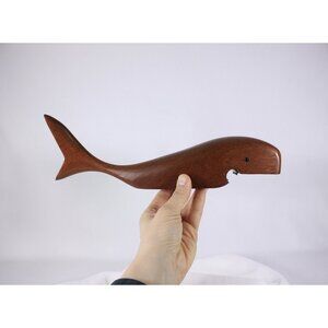 Large teak whale bottle opener, mid century modern bar wares, nautical home